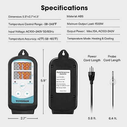 VIVOSUN 1500W Digital Temperature Controller and Humidity Controller, 1500W Dual-Stage Outlet, Pre-Wired Digital Humidistat with Dual LED Displays for Humidifier/Dehumidifier/Fan