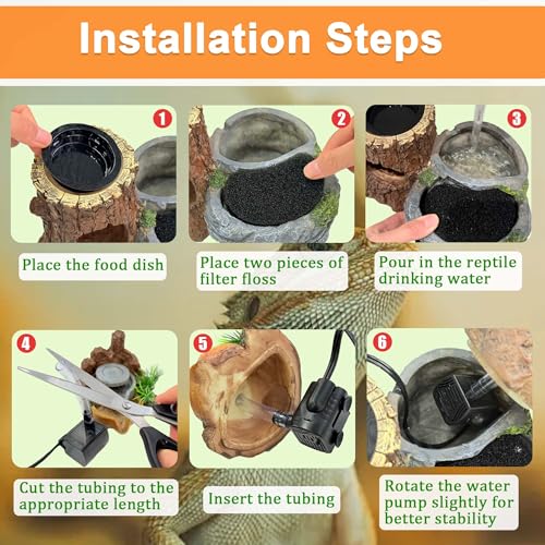 PurifyLogix 3 in 1 Reptile Water Fountain with Food Dish & Hideout, 550ML Reptile Waterfall Drinking Fountain, Reptile Water Dispenser for Bearded Dragon, Gecko, Lizard, Chameleon, Natural Resin