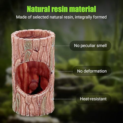 Reptile Hideout Cave, Resin Tree Trunk Shape Lizard Hide Habitat with Suction Cups Terrarium Decor for Gecko Lizards Tree Frogs Fish