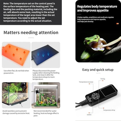 Timeable Temperature-Controlled Reptile Heating Pad, 10-50°C Adjustable, Graphene Chip Rapid Heating, IPX7 Waterproof, Multiple Sizes for Turtles Lizards Frogs，12x48cm/4.7x18.9in (15W) - size: 12x48cm/4.7x18.9in (15W)