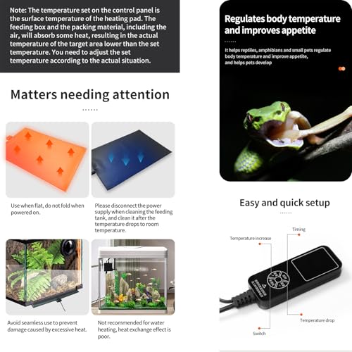 Timeable Temperature-Controlled Reptile Heating Pad, 10-50°C Adjustable, Graphene Chip Rapid Heating, IPX7 Waterproof, Multiple Sizes for Turtles Lizards Frogs，20x25cm/7.9x9.8in (13W) - size: 20x25cm/7.9x9.8in (13W)