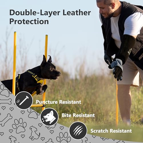 COOLJOB Bite Proof Animal Handling Gloves, Cowhide Leather with Kevlar Stitching for Cat Grooming, Dog Training, 16/22” - color: Blue-black, 22"
