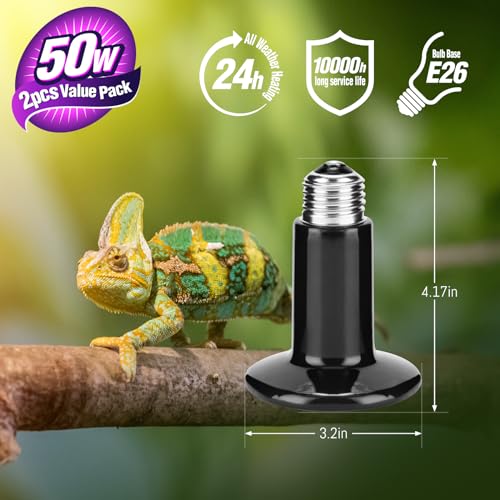 Leoterra 50W Ceramic Heat Emitter Bulb, Low Wattage Reptile Heat Lamp for 10-20 Gallon Small Terrarium, Gentle No-Light Heat Source for Bearded Dragons, Geckos, Frogs, Hermit Crabs (2-Pack) - style: 50 watt