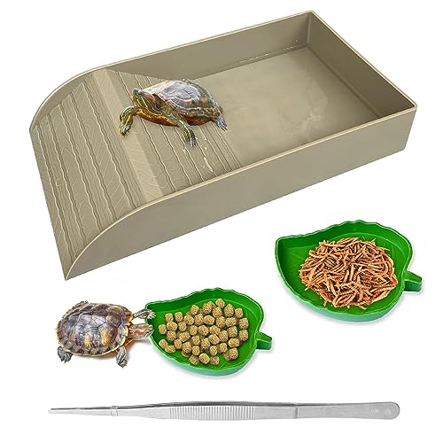 NGORAY Tortoise Feeding Dish with Ramp and Basking-Platform - Leaf Tortoise Water Food Bowls, Reptile Water Dish Amphibians Habitat, Reptile Water Bowl Fit for Amphibians with Forcep Cleaning Clip - color: Brown