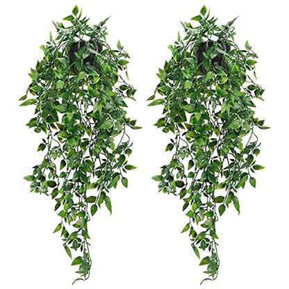 Whonline 2pcs Fake Hanging Plants, Artificial Potted Plants for Indoor Outdoor Aesthetic Office Living Room Shelf Decor