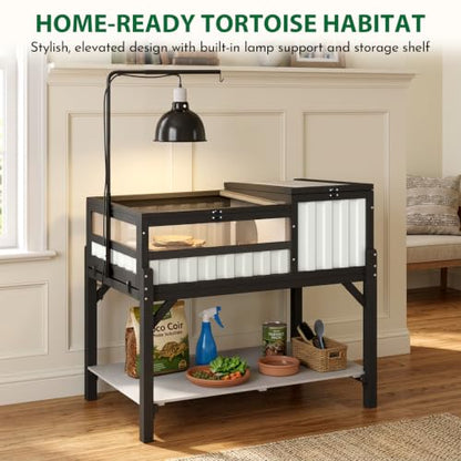 Modern Black & White Tortoise Habitat with Privacy Hide Panel, 2-Zone Wooden Reptile Enclosure with Adjustable Lamp Stand, Storage Shelf, Acrylic Viewing Window for Tortoises, Geckos & Small Reptiles