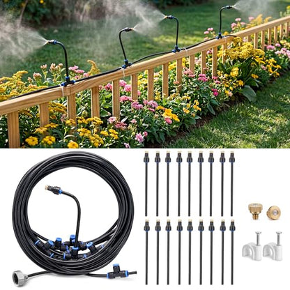 homenote Adjustable Misting System, 360° Flexible Brass Nozzles, 65FT Pre-Assembled Mister Hose for Patio Cooling, Garden Irrigation, Greenhouse Watering, Pet Chicken Coop Cooling - size: 65FT / 20M