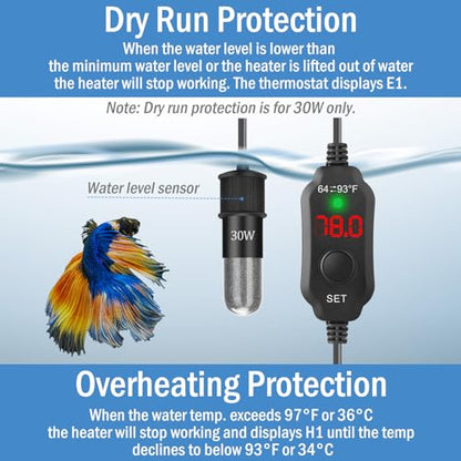 Super Mini Aquarium Heater 20W Betta Heater for 2-4 Gallon Tanks, Small Fish Tank Heater Turtle Heater with Dry-Run/Overheat Protection, Memory Function - size: For Tanks ≤ 4 Gal