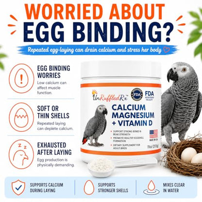UnRuffledRx™ Bird Calcium Plus with Magnesium and D3, Dissolves Clear and Tasteless in Water, Supports Bone, Muscle, Feather and Egg Health, 45 Servings, Made in FDA-Registered USA Facility