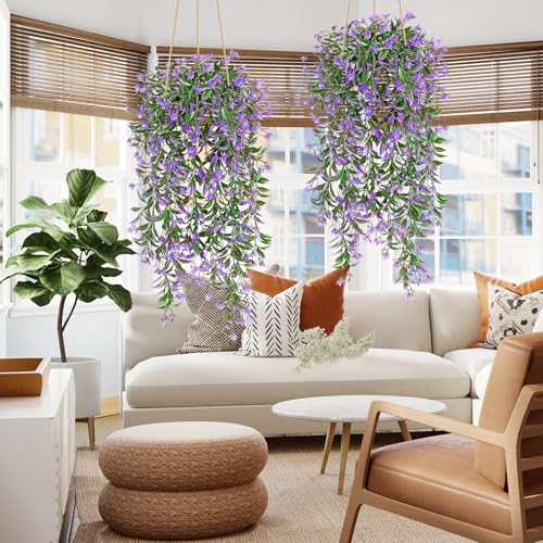 TOCHGREEN 4Pcs Artificial Hanging Plants Fern Vine, Faux Plastic Plants Fake Ivy Vine Greenery Garland with Purple Flower, Outdoor Indoor Decorations for Living Room Balcony Garden Wall Home Decor