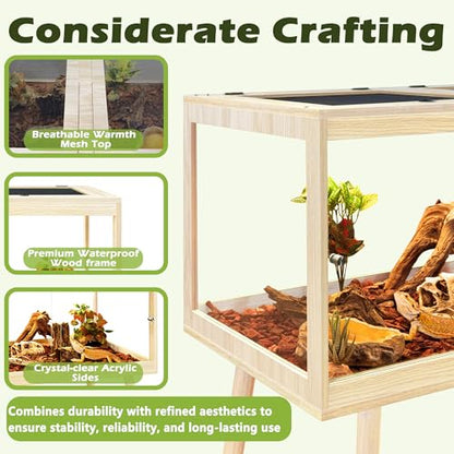 PROLEE Bearded Dragon Tank with Leg Stand 34 Gallons, Wooden Lizard Tank,Reptile Tank with Metal Mesh Roof Door, Acrylic Panel Snake Tank with Lock Design (Oak, 32"x16"x16") - color: Oak, size: 32"x16"x16"