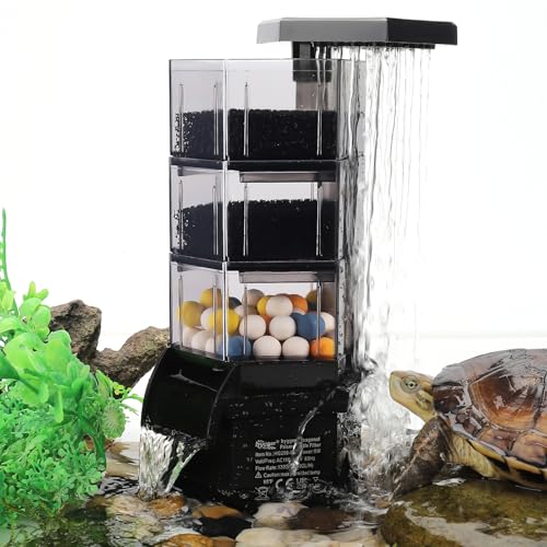 hygger Turtle Tank Filter with Adjustable Flow for Reptiles Frogs:Combinable Four-Layer Aquarium Filter,130GPH Quiet in-Tank Filter with Filter Media for 10 to 40 Gallon Low Water Level Aquarium - size: M