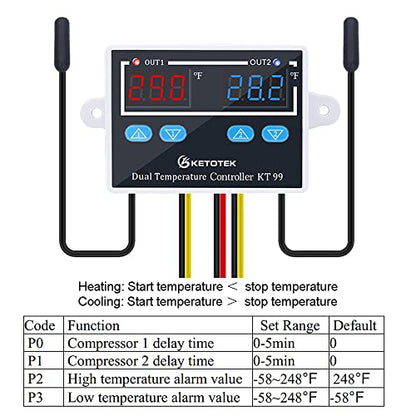 KETOTEK Digital Dual Temperature Controller 120V Fahrenheit Thermostat 10A with 2 1.5m Waterproof Probes, Heating Cooling Temperature Control Switch Refrigerator Fan Heater