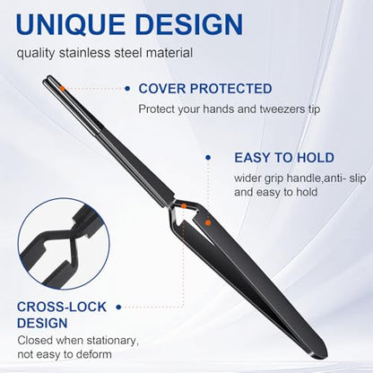 Reverse Tweezers for Crafting, 2 Pcs Rubber Tipped Tweezers Stainless Steel PVC Coated Bent and Straight Flat Tip Cross Locking Precision Tweezer Set for Crafts Jewelry Beads Coins Electronic (Black)