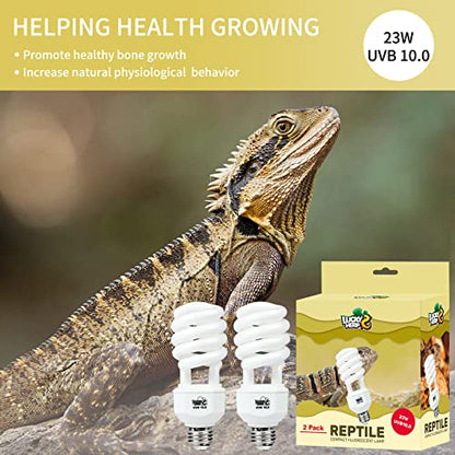 LUCKY HERP 2 Pack UVA UVB Reptile Light, 23W 10.0 UVB Bulb for Desert Reptiles, Compact Fluorescent Terrarium Lamp, Reptile UVB Bulb for Bearded Dragon, Lizard, Tortoise - size: 23&10.0