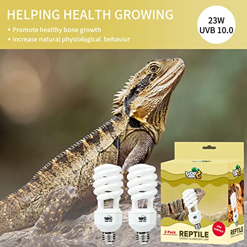 LUCKY HERP 2 Pack UVA UVB Reptile Light, 23W 10.0 UVB Bulb for Desert Reptiles, Compact Fluorescent Terrarium Lamp, Reptile UVB Bulb for Bearded Dragon, Lizard, Tortoise - size: 23&10.0