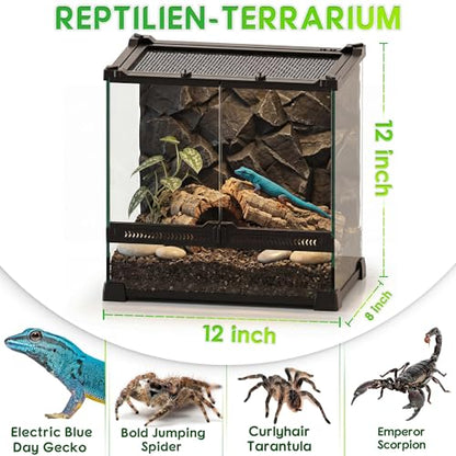 12"x8"x12" Reptile Terrarium, Double-Door Glass Arboreal Vivarium for Small Climbing Lizards Such as Juvenile Agamas, with Lock, Cable Port & Waterproof Deep Base Below Front Doors
