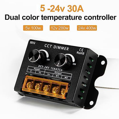 RGBZONE Dual Channel CCT LED Dimmer, DC 5V/12V/24V 30A PWM Dimming Controller, Warm White & Cool White Knob Brightness Adjustment for 5050 3528 LED Strips - color: CCT