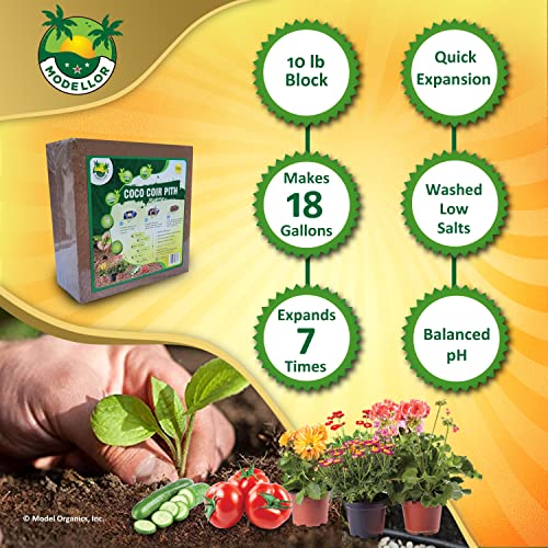 MODELLOR (10 lb) Premium Super Washed Coco Coir Brick, High Yield 18 to 20 gallons [72 to 80 quarts], Seed Starter, Organic, pH Balanced, Gardening, Indoor, Outdoor use