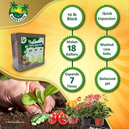 MODELLOR (10 lb) Premium Super Washed Coco Coir Brick, High Yield 18 to 20 gallons [72 to 80 quarts], Seed Starter, Organic, pH Balanced, Gardening, Indoor, Outdoor use