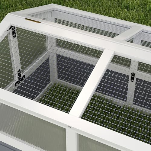 PawHut Tortoise Habitat, Wooden Outdoor Tortoise Enclosure with Doors, PC Sun Panel Windows, Bottomless Design Tortoise House for Small Animals, Rabbits, Light Gray