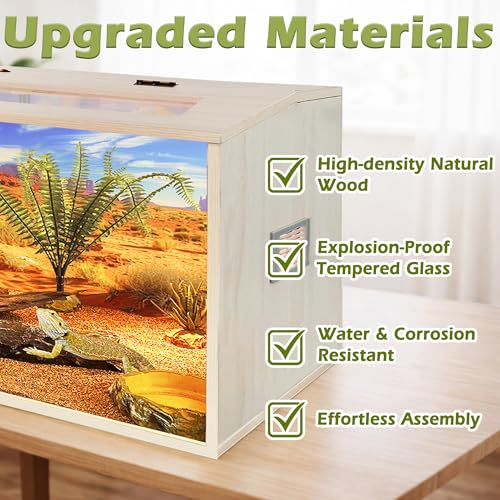 PROLEE Bearded Dragon Tank, 68 Gallons Wooden Reptile Enslosure, Tempered Glass Lizard Tank, Large Bearded Dragon Enclosure with Built-in Lamp Fixture for Lizard - size: 68Galons