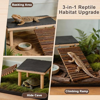 Bearded Dragon Basking Platform with Climbing Ramp,Leopard Gecko Basking Platform with Stone,Reptile Basking Rock Hide Cave Climing Accessories for Turtle,Snake,Lizard
