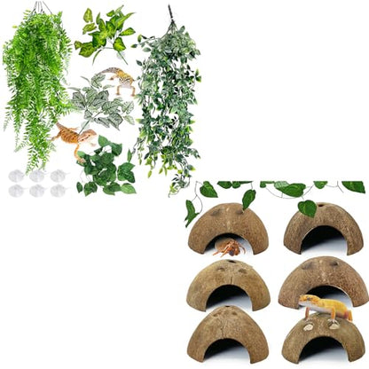 Hamiledyi 5 Pcs Reptile Plants Terrarium Hanging Fake Plant Leaves and 7 Pcs Reptile Hideouts Natural Coconut Shells Hut Leopard Gecko for Hermit Crab Hide Cave Small Snake Tarantulas Lizard Chameleon
