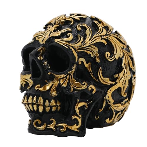Gothic Skull Heads Home Decor - 3.62 Inch Desk Skeleton Skull Head Statue Fake Resin Skull Figurine Decor for Halloween Decorations, Party Gold Skull Head Designs
