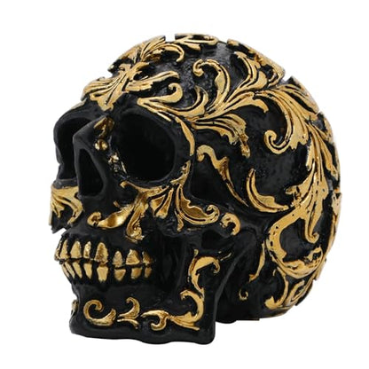 Gothic Skull Heads Home Decor - 3.62 Inch Desk Skeleton Skull Head Statue Fake Resin Skull Figurine Decor for Halloween Decorations, Party Gold Skull Head Designs