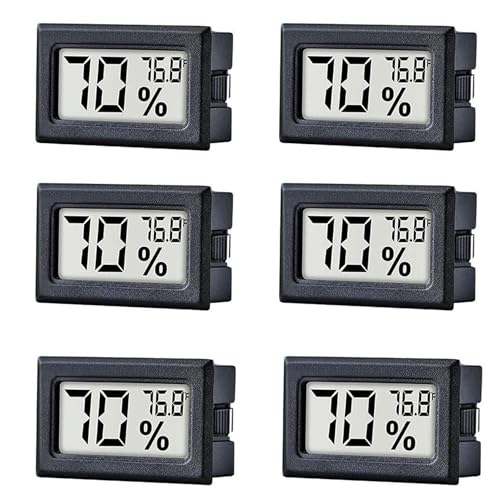 6Pcs Mini Digital Temperature Humidity Meters,Small Electronic Gauge Indoor Hygrometer LCD Display Fahrenheit (℉) for Humidors/Garden/Greenhouse/Reptile Tank/Cellar/Fridge, black