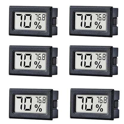6Pcs Mini Digital Temperature Humidity Meters,Small Electronic Gauge Indoor Hygrometer LCD Display Fahrenheit (℉) for Humidors/Garden/Greenhouse/Reptile Tank/Cellar/Fridge, black