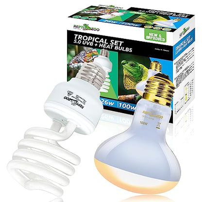 REPTIZOO Reptile Heat Lamp Combo Pack with Dual Reptile Light Fixture & 100W Intense Basking Spot Light 26W Energy Saving UVA UVB Bulb Spiral Compact Bulb 10.0