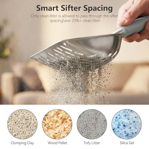 Cat Litter Scoop, Kitty Metal Scooper, Heavy Duty Aluminum Deep Sifter with Long Handle, Rustproof Durable Kitten Poop Shovel for Travel & Small Litter Box - color: Gray, size: Medium
