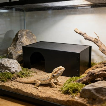 2-in-1 Bearded Dragon Basking Platform with Hideout, Slate Rocks for Reptiles with Black Acrylic Base, Leopard Gecko Hides and Caves, Reptile Tank Accessories for Geckos, Ball Pythons, Tortoise