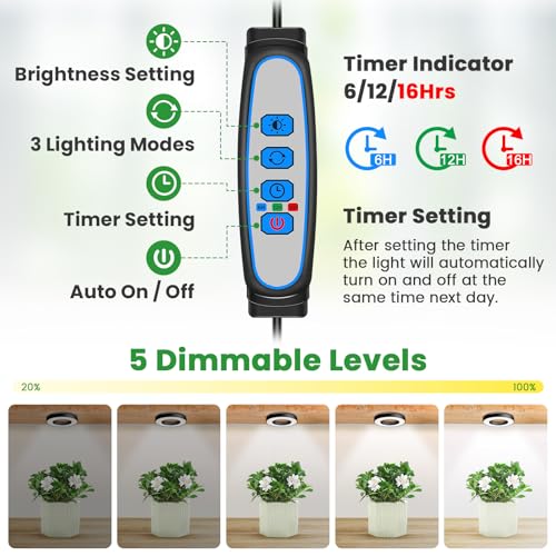 Wiaxulay Grow Lights for Indoor Plants, 48 LEDs Full Spectrum LED Plant Grow Light, Under Cabinet Grow Lamp with Auto Timer 6/12/16 Hrs, 3 Lighting Mode, 5 Brightness Levels, One Head (3.5in) - size: 3.5in-One Head