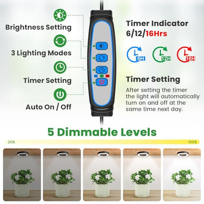 Wiaxulay Grow Lights for Indoor Plants, 48 LEDs Full Spectrum LED Plant Grow Light, Under Cabinet Grow Lamp with Auto Timer 6/12/16 Hrs, 3 Lighting Mode, 5 Brightness Levels, One Head (3.5in) - size: 3.5in-One Head