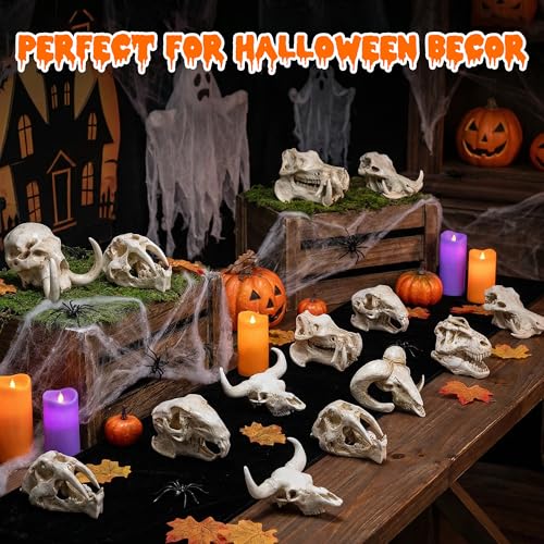 Exasinine 16 Pcs Mini Resin Animal Skull Heads Figurines 1.5 Inch Mini Skulls Figurines Highly Detailed Miniature Animal Skull for Halloween Crafts Gothic Decor Terrarium Micro Landscape Decor