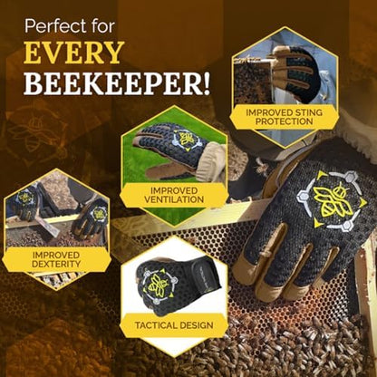 Professional Beekeeping Gloves, Premium 5mm Goatskin w/Patented Ventilation & Dexterity - Beekeeping Supplies - color: Black, size: Large