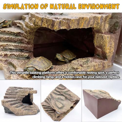 kathson Large Turtles Basking Platform,Resin Reptile Hideouts Cave Habitat Decor,Tortoise Hide Cave with Climbing Ramp Step,Bearded Dragons Hide Basking Rocks Accessories for Lizard,Gecko,Frog