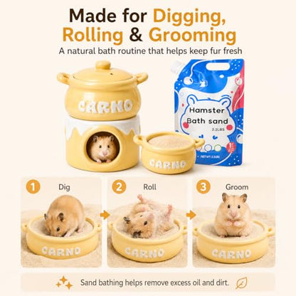 Meow&Woof Ceramic Hamster Hideout & Natural Desert Bath Sand Set, 4-in-1 Cooling Ceramic Cave with 2.2 lb Unscented Low-Dust BathSand, Small Animal House, Bowl and Daily Care Set