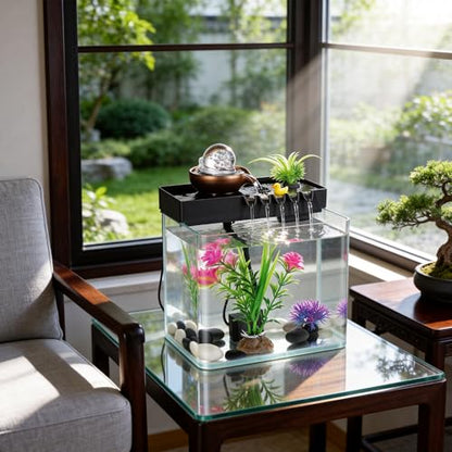 Indoor Water Fountain, 5-in-1 Tabletop Waterfall with Fish Tank & Mist Spray Humidifier, Desktop Fountain for Office Decor, Relaxing Small Water Feature for Bedroom Living Room Home