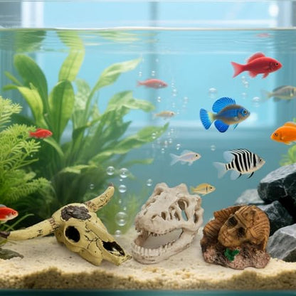 Lawei 4 Pieces Aquarium Resin Skull Ornaments, Desert Reptile Hideouts Decorations, Human Skeleton Dinosaur Cattle Skull for Fish Tanks Decorative, Small Decor Statue Cave Landscape Pet Reptile House