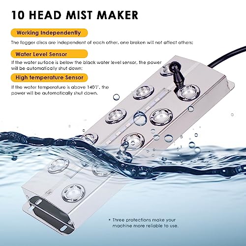 Ultrasonic Fogger 10 Head Ultrasonic Mist Maker Fogger Pond Mister Fogger with Float for Halloween Decorations Aquarium Fish Tank Terrarium Greenhouse Plants Fountain, 19.8 lb/h (9000ml/h)