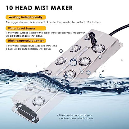 Ultrasonic Fogger 10 Head Ultrasonic Mist Maker Fogger Pond Mister Fogger with Float for Halloween Decorations Aquarium Fish Tank Terrarium Greenhouse Plants Fountain, 19.8 lb/h (9000ml/h)