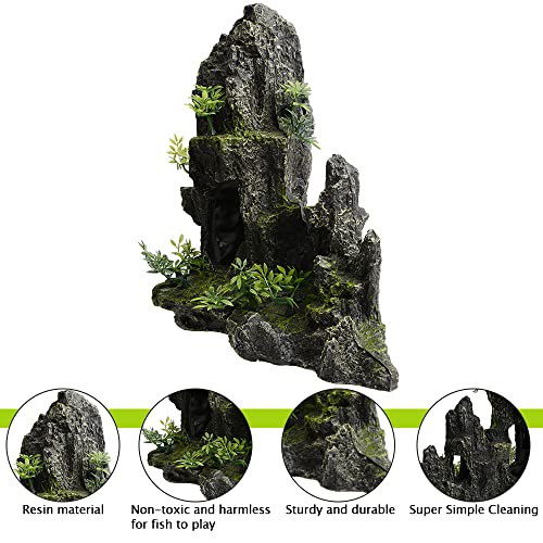 Saim Large Aquarium Mountain View Stone 11.02" Tall Resin Cave Ornament – Betta Hideout with Artificial Plants, for Cichlids Goldfish, Multi-Cave Aquascape Fish Tank Accessories
