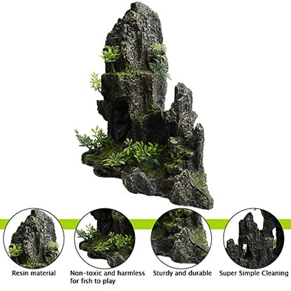 Saim Large Aquarium Mountain View Stone 11.02" Tall Resin Cave Ornament – Betta Hideout with Artificial Plants, for Cichlids Goldfish, Multi-Cave Aquascape Fish Tank Accessories