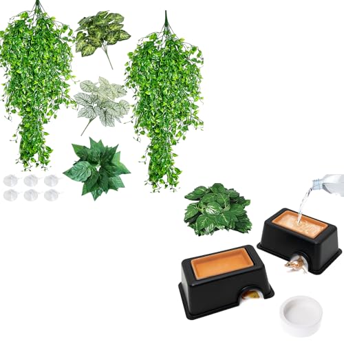Hamiledyi Reptile Plants Tank Habitat Decorations Fake Hanging Vines 5 Pcs Artificial Leaves and 4 Pcs Humid Hide for Leopard Gecko Moist Reptile Hide Box for Young Lizard Shedding