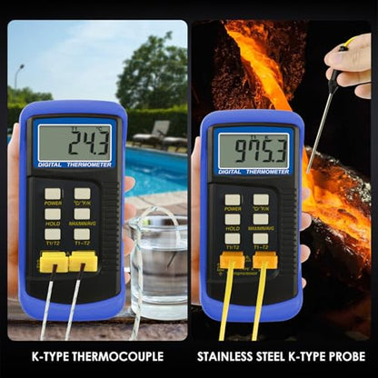 Digital K Type Thermometer with 4 Thermocouples, Dual Channels Thermocouple Tester with MAX/MIN/AVG Temperature Measurement (-501300C)