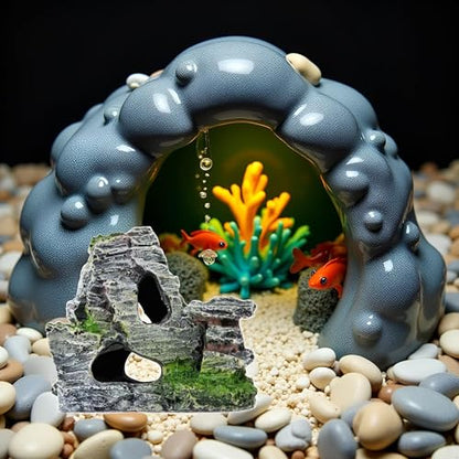 Artificial Moss Rock Aquarium Stone Cave, Resin Fish Tank Decor for Hiding and Landscaping, Small Mountain Terrain Ornament, Natural-Looking Habitat for Fish, Shrimp, and Reptiles, Decoration